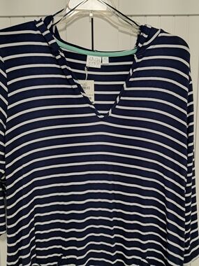 Beach Break Navy & White Striped V-Neck Hooded Swimsuit Cover-Up Sz XL NWT